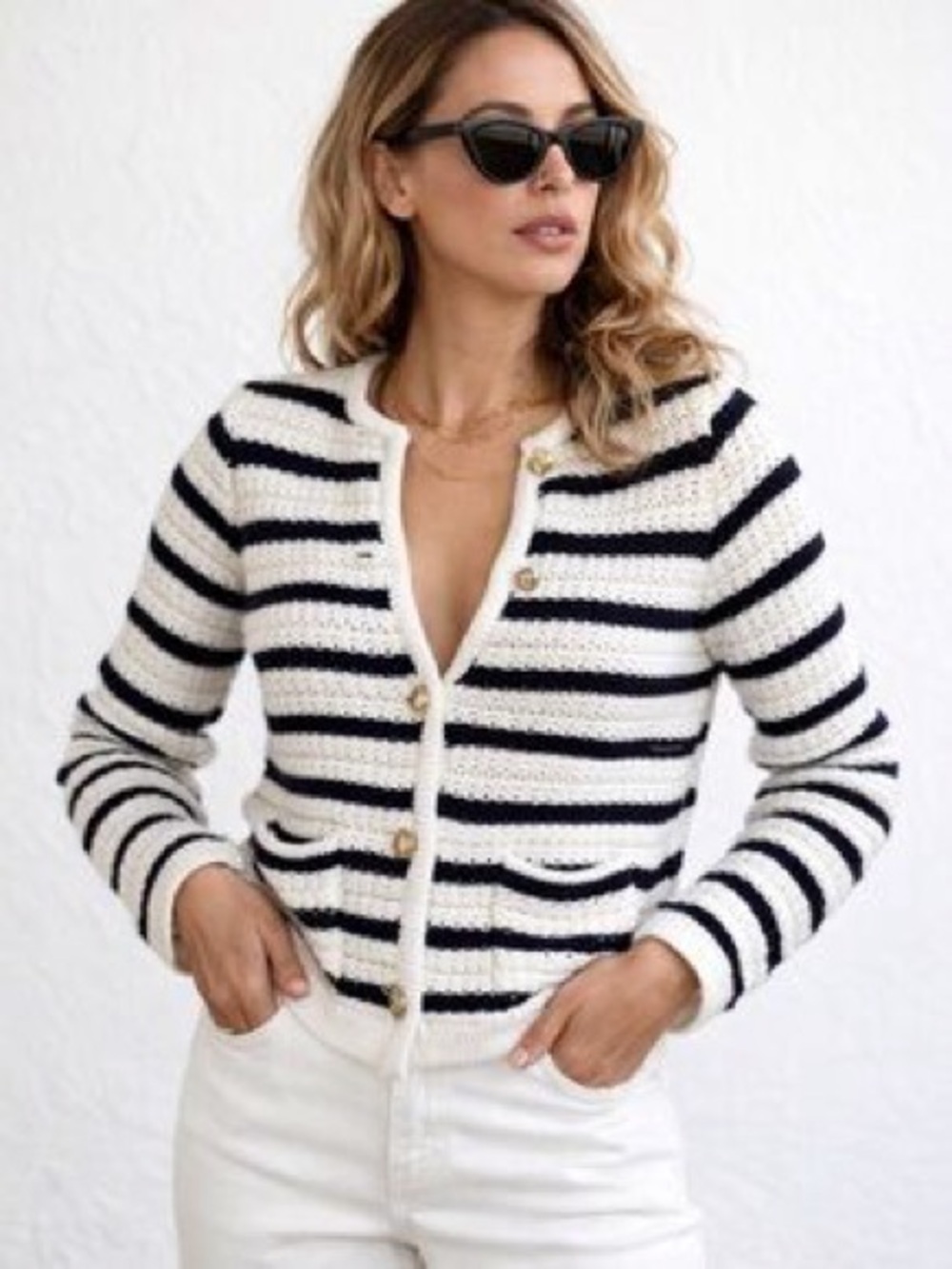 House of Harlow 1960 Striped Knit Cardigan - White & Navy